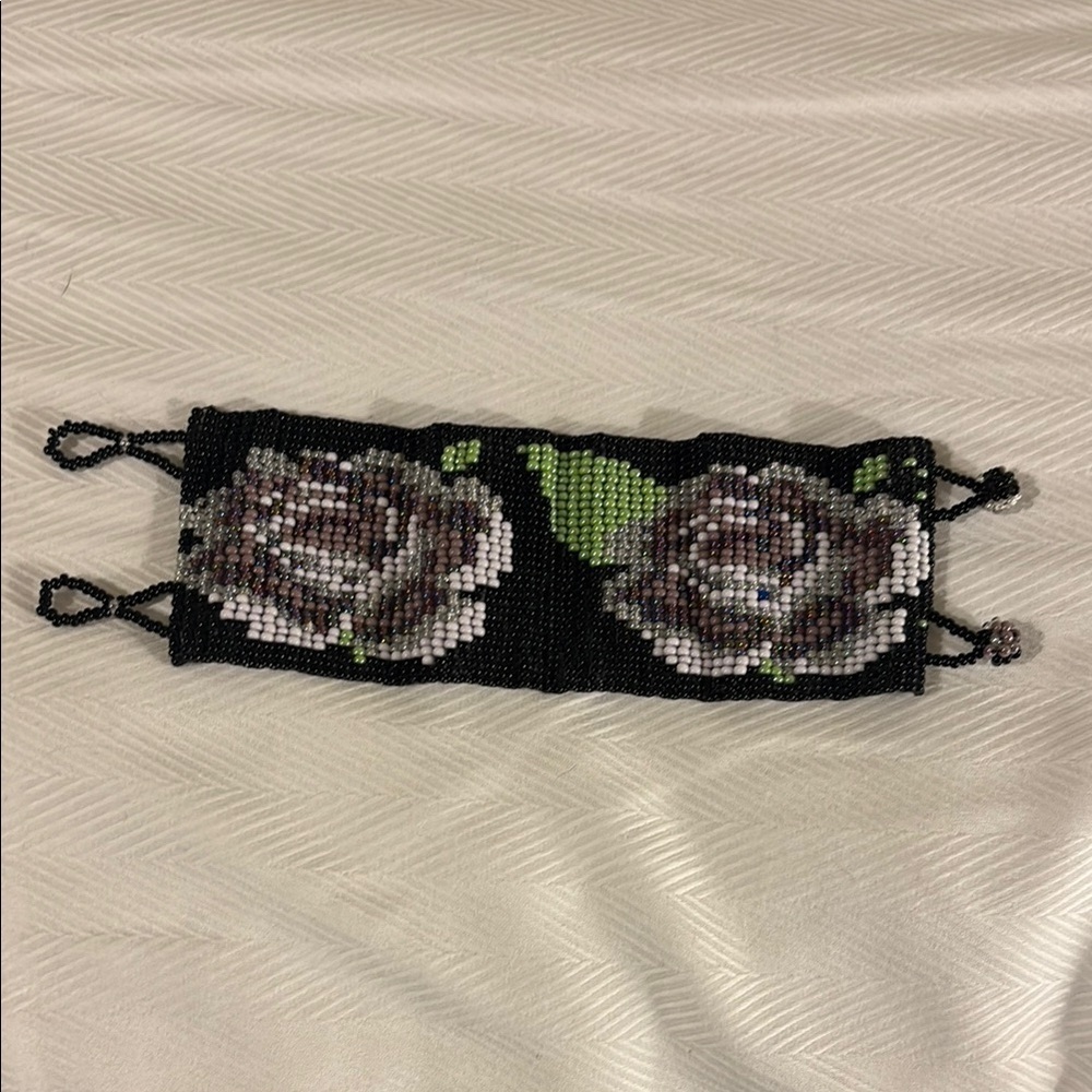 Elegant Black Beaded Floral Bracelet hand beaded
